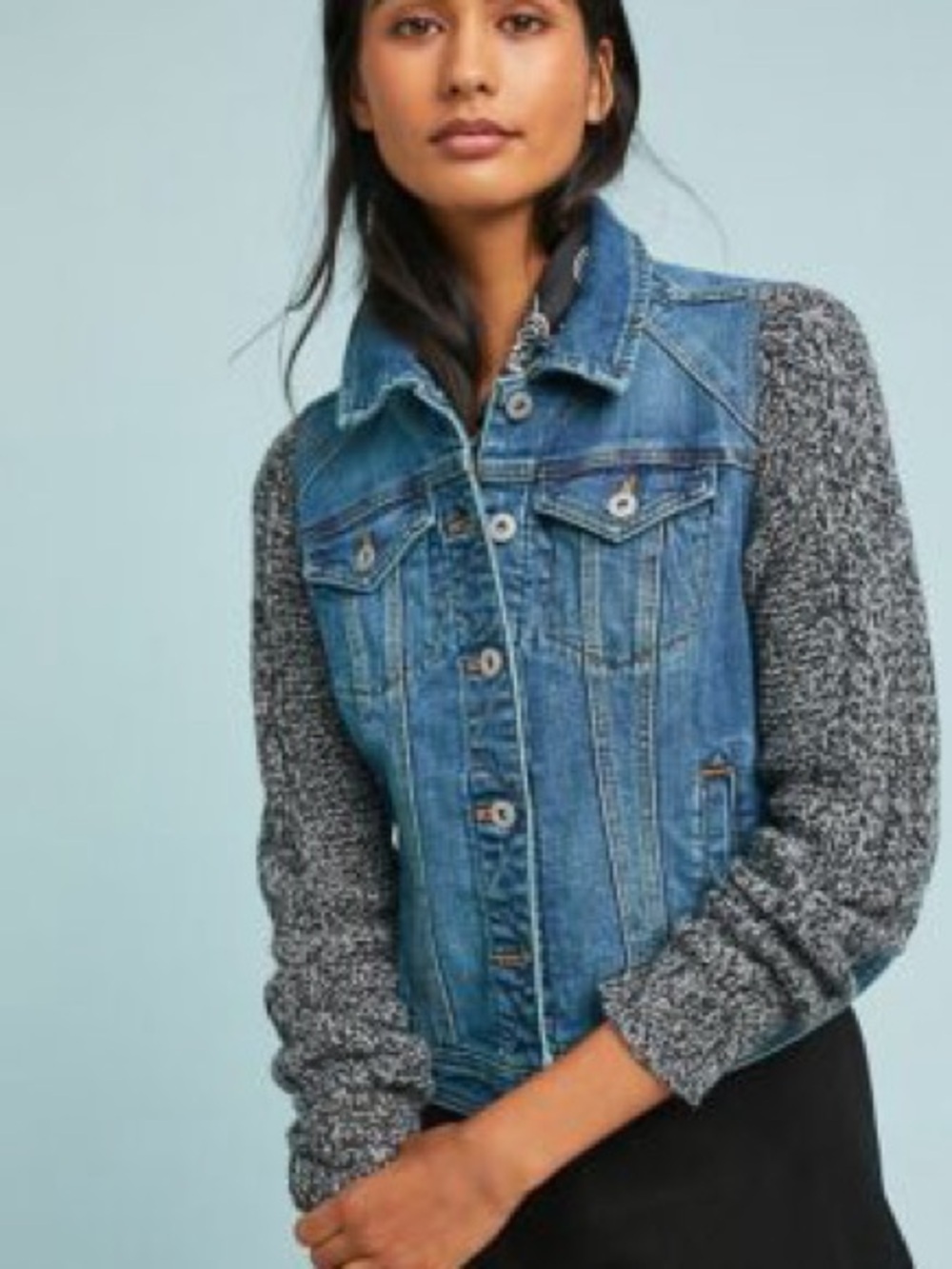 Anthropologie Pilcro and the Letterpress Denim Jacket Gray Knit Sweater Sleeves